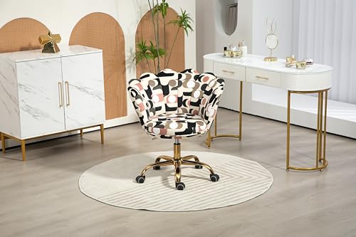 Comfy Home Office Task Chair with Wheels, Cute Modern Upholstered Velvet Seashell Back Adjustable Swivel Vanity Desk Chair, for Women,for Girls, Living Room, Bedroom（Geometric Figure