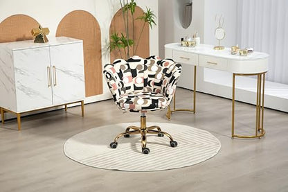 Comfy Home Office Task Chair with Wheels, Cute Modern Upholstered Velvet Seashell Back Adjustable Swivel Vanity Desk Chair, for Women,for Girls, Living Room, Bedroom（Geometric Figure