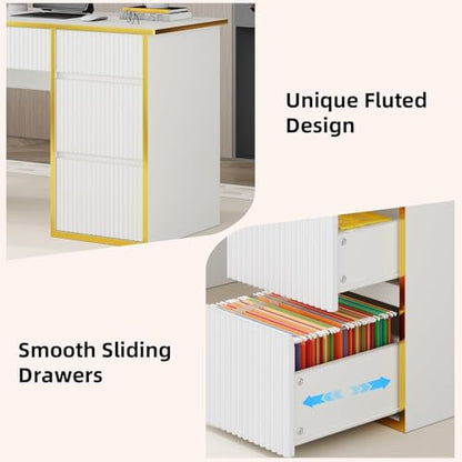 White Desk with Drawers, 47'' Computer Desk with 4 Drawers for Small Spaces, Small Office Desk with File Drawer for Study Room, Bedroom, White and Gold Desk