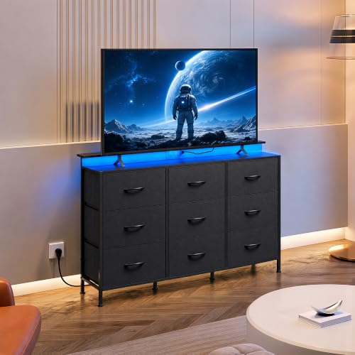 Dresser TV Stand with LED Lights & Outlets, 9 Fabric Drawers, Black, view 6