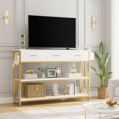 Gold Console Table with Storage, 47.2" Long Entryway Table, White | Narrow Wide Wood Entry way Table w/ 3-Tier Open Shelves, Industrial, Farmhouse Sofa Foyer Table for Hallway, Living Room
