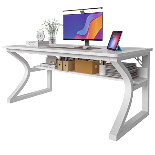 Computer Desk, 55x24 in Computer Desk, Office Desk w/Storage & U-Size Metal Frame for Home Office Bedroom Gaming, Office Desk w/Water-Resistant, Scratchproof Surface, White