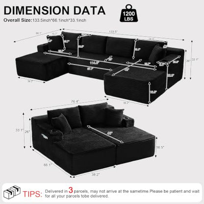 134" Modular Cloud Couch Sectional, U-Shaped Boneless Sleeper Sofa with Side Pockets & Cup Holders, Oversized 4-Seater Modern Deep Seat Corduroy Couch for Living Room, No Assembly Required, Black