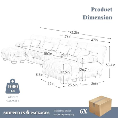Oversized Modular Velvet Sectional Cloud Sofa Couch with Movable Ottoman,Corner Sofa with Comfortable Armrests, Deep Seat, Convertible L or U Shaped Couch (Sky-Light Blue, 4 Seat + 2 Ottoman)