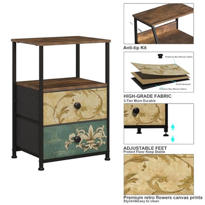 Nightstand with 2 Fabric Drawers Retro Flower End Table Side Table with Open Storage Shelf for Bedroom Living Room Sofa Beside Vintage