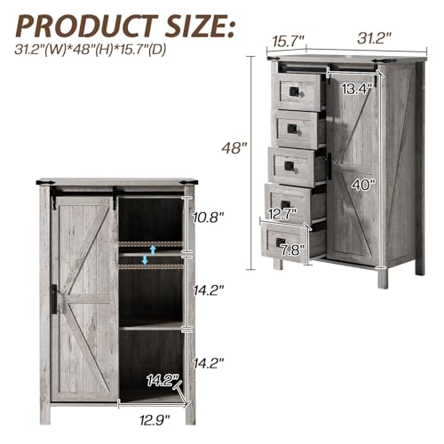 31.5" Farmhouse 5-Drawer Dresser with Barn Door, Rustic Grey, view 3