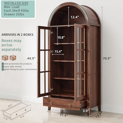 71" Tall Arched Cabinet Bookshelf with Glass Door & Storage Drawer, view 3