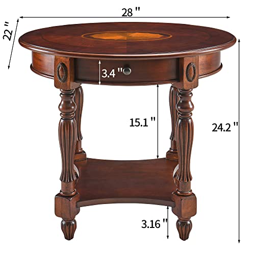Solid Wood End Table with Drawer, Oval Sofa Side Table, Storage Shelf, Living Room Corner Table, Nightstand, 24”H Cherry Walnut CJZ1533WD-DR