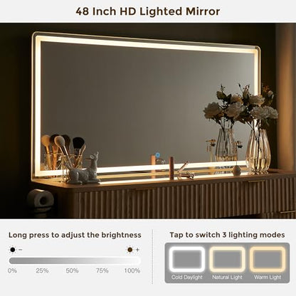 48" Fluted Makeup Vanity Desk with Led Lighted Mirror, Natural Oak, view 4