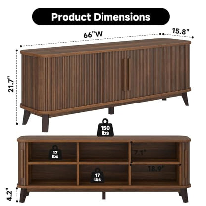 Mid Century Modern TV Stand for 80'' tv, Wood Entertainment Center, Walnut, view 3