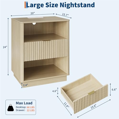 Fluted Nightstand with Charging Station, Wooden Night Stand with LED Light, Modern Mid Century Bedside End Table with Drawer, 20" W x 15.7" D x 24" H, for Bedroom, Light Oak