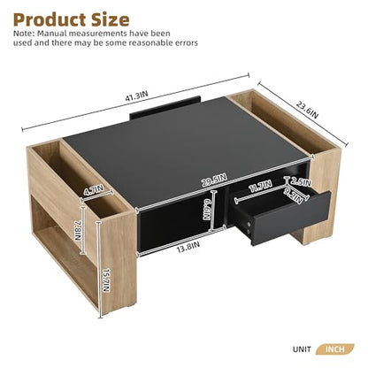 Modern Coffee Table with Storage, High Gloss Black and Natural Wood Finish, Living Room Center Table with 2 Drawers and Open Shelf, 41.3x23.6x15.7 Inches (Black Natural + Particle Board+MDF)