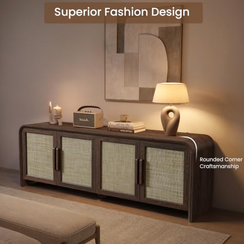 65" Rattan TV Stand with Storage for 75" TV,Dark Walnut, view 4
