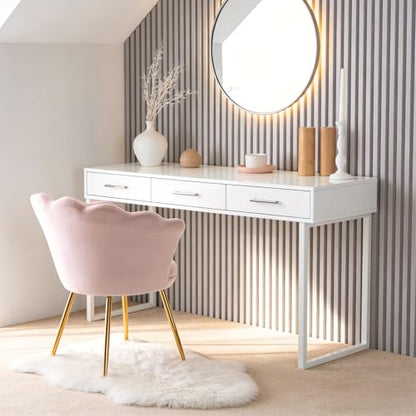 Light Pink Makeup Vanity Chair with Back, Modern Velvet Upholstered Small Accent Chair with Gold Metal Legs, Cute Shell Shaped Vanity Stool Desk Chair for Living Room Bedroom Dressing Room