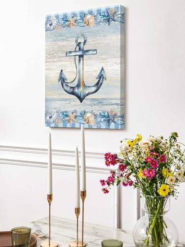 NuYeBiofx Nautical Anchor Starfish Shell Conch Canvas Wall Art Prints,48"x32" Framed Picture Artwork Ocean Blue Checkered Printed Canvas Oil Painting for Living Room Bedroom Office,Ready to Hang