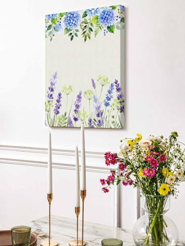 Blue Hydrangea Purple Lavender Canvas Wall Art Prints,48"x32" Framed Picture Artwork Pastoral Flower Leaf Retro Linen Printed Canvas Oil Painting for Living Room Bedroom Office,Ready to Hang