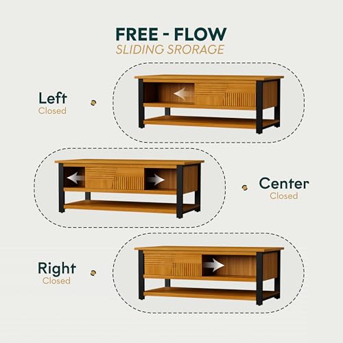 Trapeze Coffee Table for Living Room – Modern Wooden Center Table with Storage, Metal Legs, Large Teak Brown Coffee Table for Stylish Living Room Furniture Setup