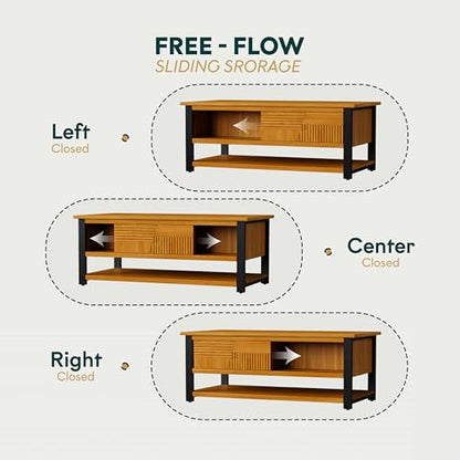 Trapeze Coffee Table for Living Room – Modern Wooden Center Table with Storage, Metal Legs, Large Teak Brown Coffee Table for Stylish Living Room Furniture Setup