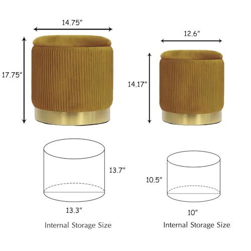 Round Ottoman with Storage Set of 2 Velvet Yellow Foot Stool for Living Room or Dorm, Vanity Stool Chair for Bedroom Small Ottoman Coffee Table, Removable Lid, Hallway, Assembly Free