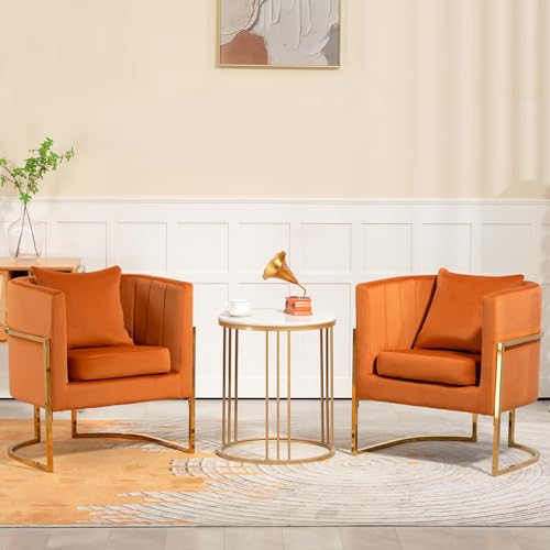 Velvet Modern Accent Chairs Set of 2, Upholstered Barrel Armchair Mid Century with Pillow for Living Room, Comfy Single Vanity Chair with Metal Gold Legs for Bedroom, Orange