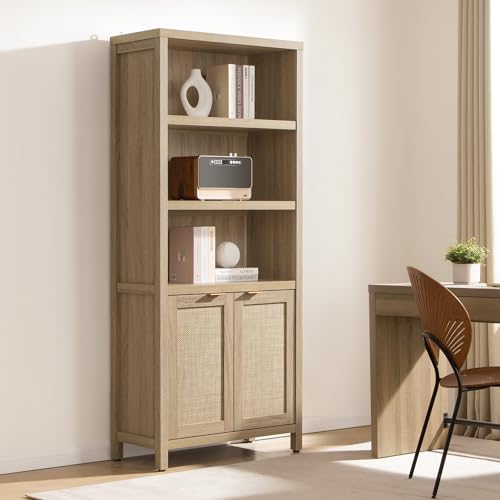 Bookcase 71" Tall Bookshelf 5 Tier Rattan Boho Bookcase with Doors Storage Large Book Case Shelf Farmhouse Bookshelves Library Book Shelves for Living Room Bedroom Home Office Kitchen