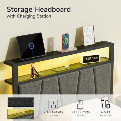 14 Inch Storage Headboard with Charging Station Twin Bed Frame, view 5