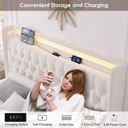 Upholstered Queen LED Bed Frame w/Storage & Charging Headboard, Beige, view 7