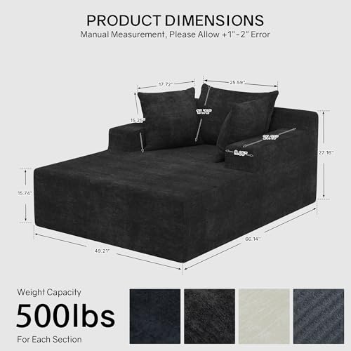 66" Chaise Lounge Chair Indoor, Oversized Boneless Lounge Chair with 3 Pillows, view 3