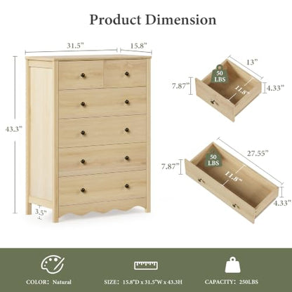 44” Tall Dresser for Bedroom with 6 Drawers (Natural), view 3