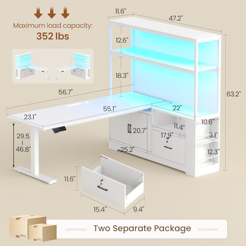 57" L Shaped Standing Desk, Sit Stand Office Desk with Storage Hutch, view 3