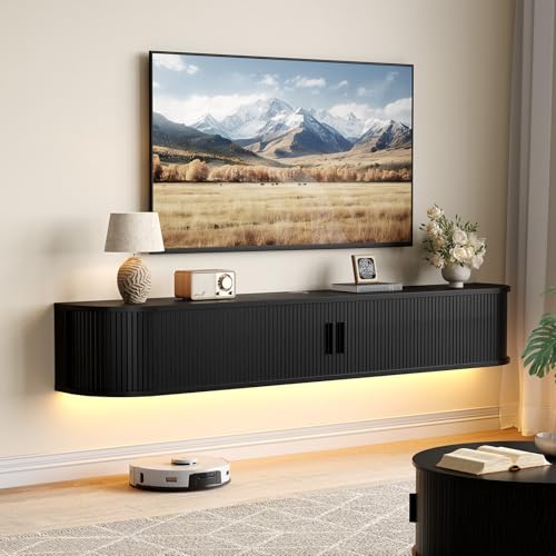71" Floating TV Stand, Wall Mounted Entertainment Center Black, view 2