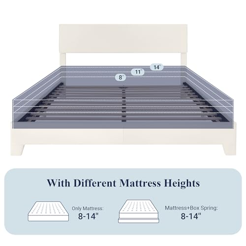 Queen Size Upholstered Bed Frame Adjustable Headboard, White, view 8