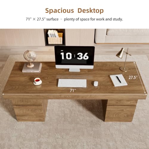71-Inch Executive Desk, Wooden Office Desk with Storage, Oak Brown, view 7