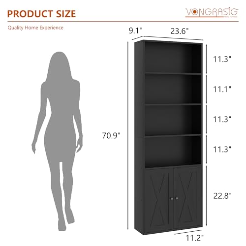 Farmhouse Bookcase with Doors & Storage, Tall 6-Tier Wood Bookshelf for Home Office Organization, Living Room Display, and Bedroom Storage Alternatives, 71-Inch Standing Shelf, Black