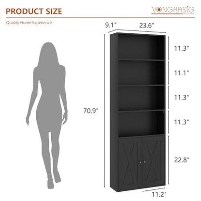 Farmhouse Bookcase with Doors & Storage, Tall 6-Tier Wood Bookshelf for Home Office Organization, Living Room Display, and Bedroom Storage Alternatives, 71-Inch Standing Shelf, Black