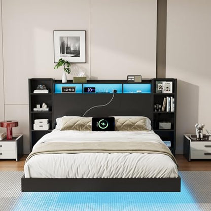 Metal Floating Bed Frame with Storage MDF Headboard and Bookcase for Bedroom, view 2