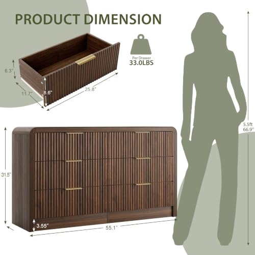 55" W Fluted 6-Drawer Dresser for Bedroom, Walnut, view 3