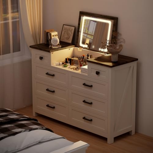 Dresser with LED Mirror, 8 Drawers, Farmhouse, for Bedroom, White, view 7