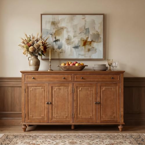 58" Sideboard Storage Cabinet, 4 Doors Storage Sideboard with Adjustable Shelves & 2 Drawers, Chic Channel Design, Transitional Buffet, Acorn