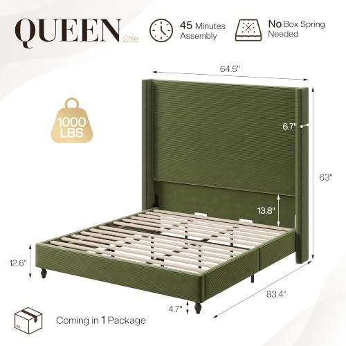 Queen Upholstered Bed Frame with 63" Headboard & Wingback, Green, view 4