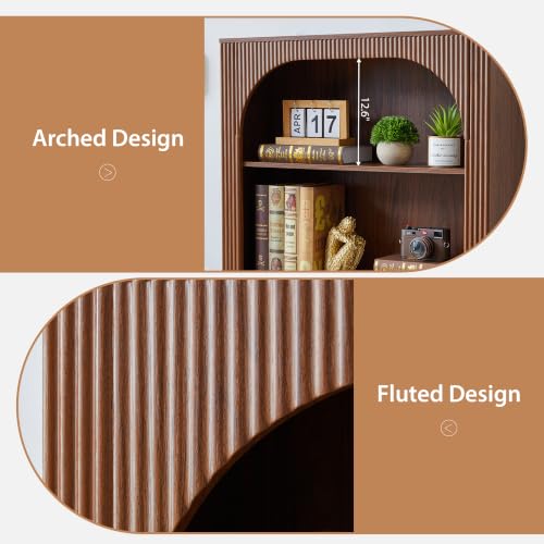 71" Tall Arched Bookcase, 5 Tier Fluted Wood Arched Bookshelf, view 4