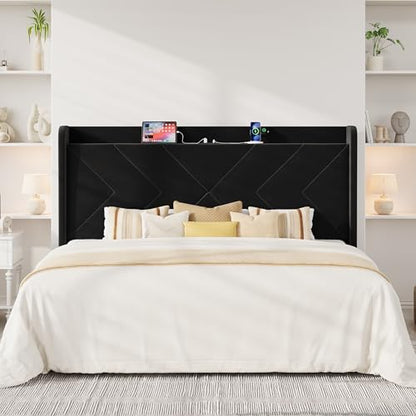 King Size Velvet Bed Frame with Charging and Shelf, Black, view 5
