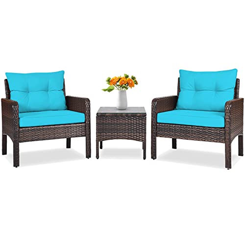 3 Piece Wicker Chairs with Glass Top Coffee Table, Thick Cushions, All Weather Garden Lawn Poolside Backyard Porch Outdoor Patio Furniture Set for 2 (Turquoise)