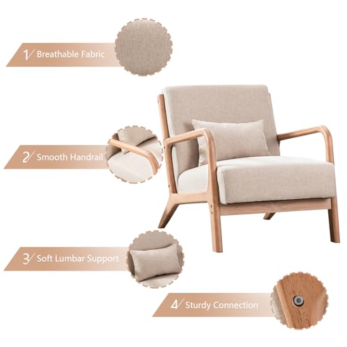 Mid Century Modern Accent Chair with Wood Frame, Upholstered Living Room Chairs with Waist Cushion, Reading Armchair for Bedroom Sunroom (Beige)