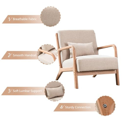 Mid Century Modern Accent Chair with Wood Frame, Upholstered Living Room Chairs with Waist Cushion, Reading Armchair for Bedroom Sunroom (Beige)