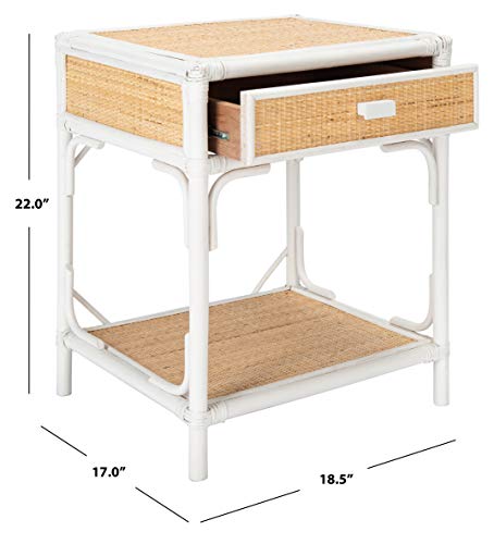 SAFAVIEH Home Collection – Roya White & Natural Nightstand with Drawer & Shelf, Coastal Accent Table, Bamboo-Style Frame & Rattan Drawer (NST4005C)