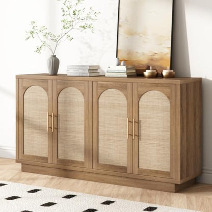 59" Rattan Sideboard Buffet Cabinet with Storage, 4 Arched Doors, view 2