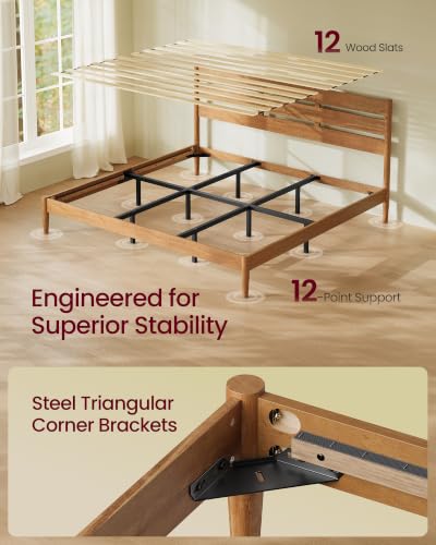 King Bed Frame, Wood Platform Bed with Headboard Storage Shelf, view 5