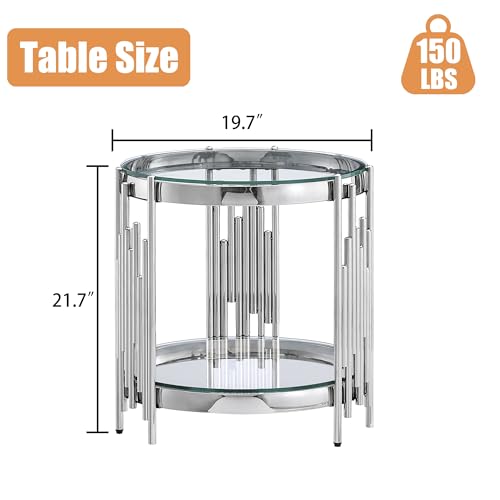 20" Round Glass End Table, 2-Tier Silver Side Table with Stainless Steel Legs and Clear Tempered Glass, Modern Luxury End Table for Living Room Home Office