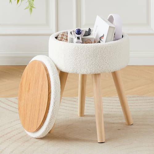 Storage Ottoman Foot Stool Teddy Velvet Round Vanity Stool Tray Top Footstool with Wood Legs Upholstered Foot Rest Ottoman for Living Room, Bathroom, Makeup (White)